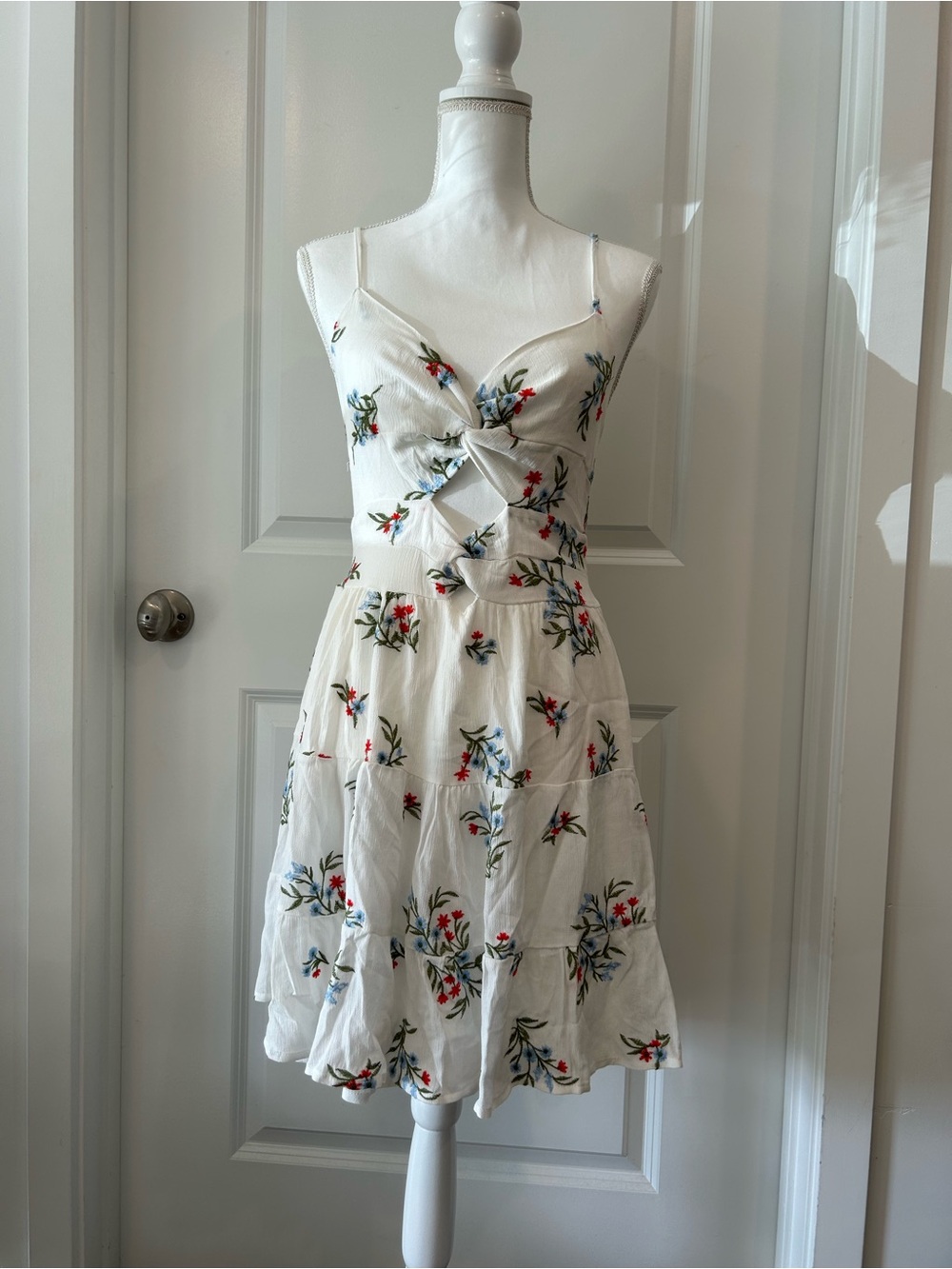 White Floral Cutout Mini Dress with Red & Blue Embroidery